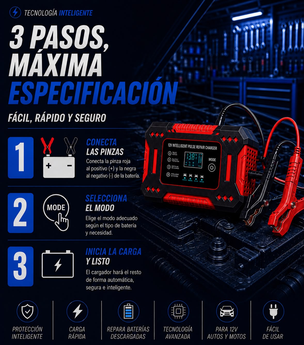 PowerPulse™ Cargador Reparador de Baterías Inteligente